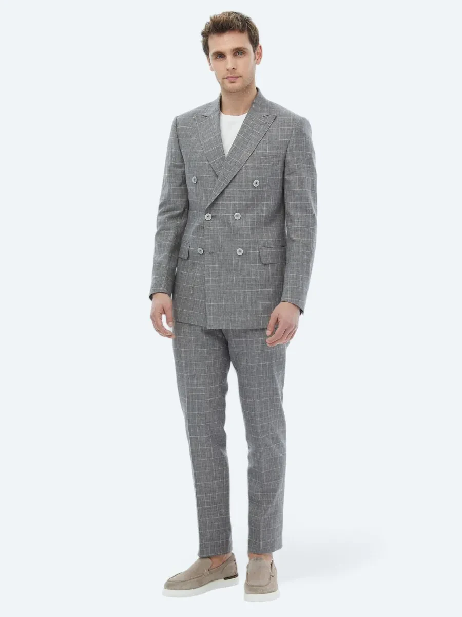 Gri Kareli Slim Fit Pamuk Karışımlı Takım Elbise - 6