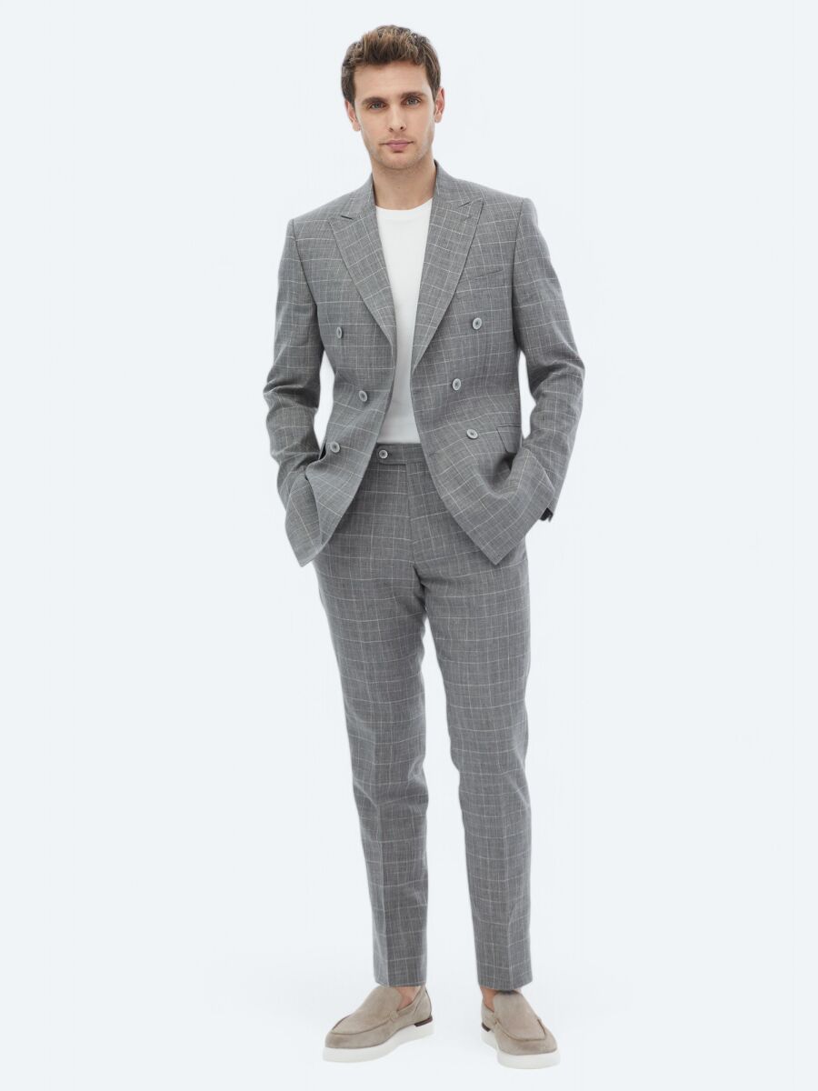 Gri Kareli Slim Fit Pamuk Karışımlı Takım Elbise - 7