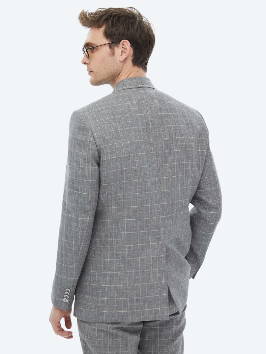 Gri Kareli Slim Fit Pamuk Karışımlı Takım Elbise - 8