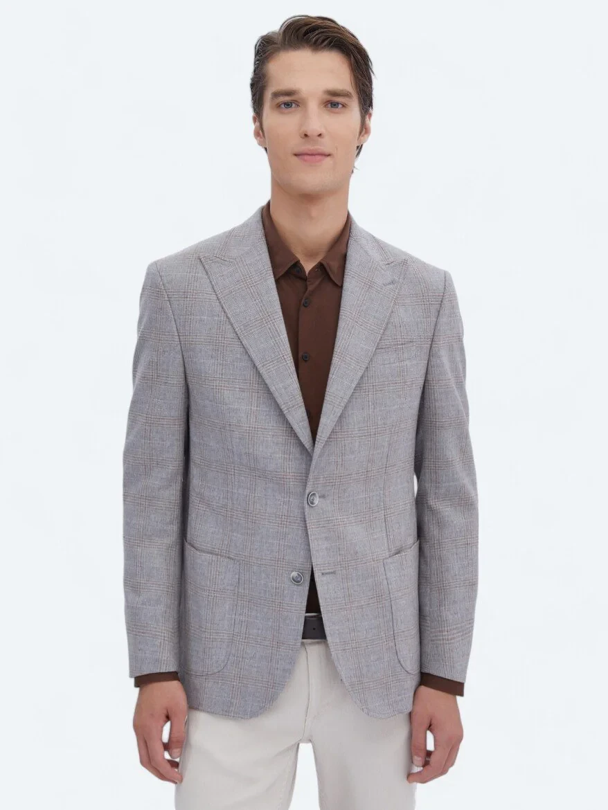 Gri Kareli Slim Fit Yün Karışımlı Ceket - 1