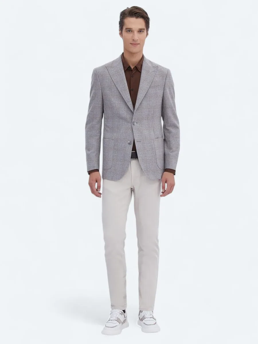 Gri Kareli Slim Fit Yün Karışımlı Ceket - 2