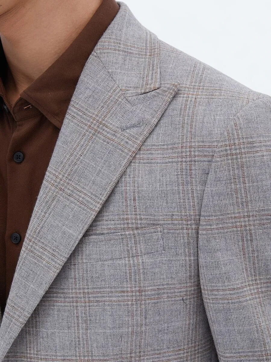 Gri Kareli Slim Fit Yün Karışımlı Ceket - 4