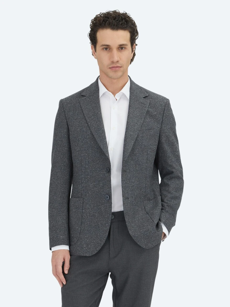 Gri Mikro Modern Fit %100 Yün Ceket - KİP