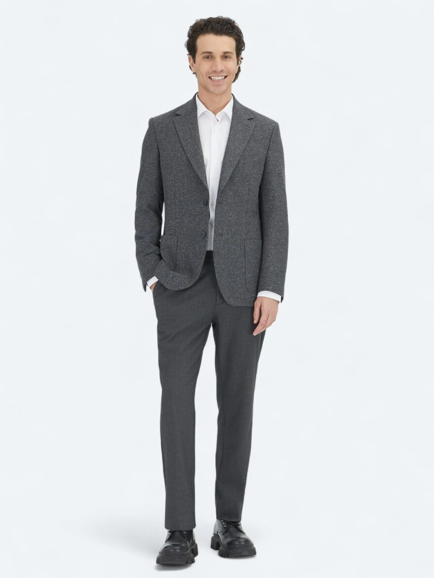 Gri Mikro Modern Fit %100 Yün Ceket - KİP