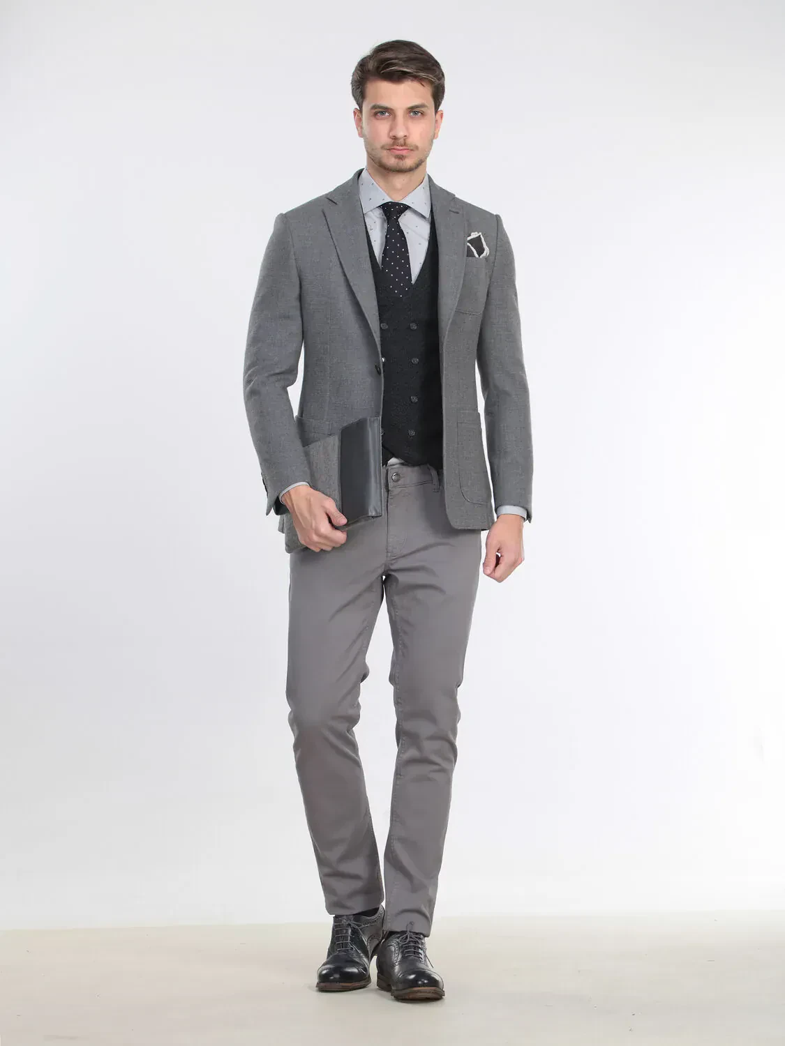 Gri Mikro Modern Fit Pamuk Karışımlı Ceket - 1
