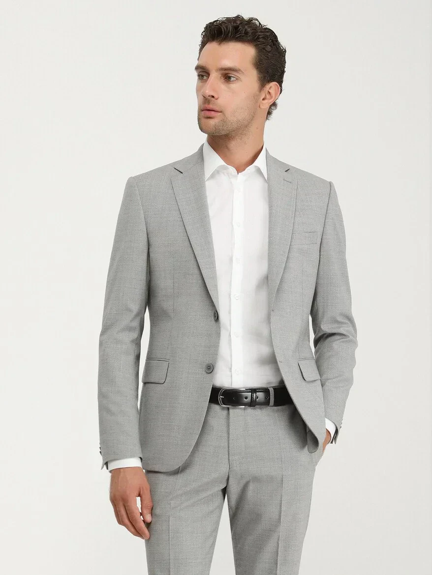 Gri Mikro Modern Fit Yün Karışımlı Takım Elbise - KİP