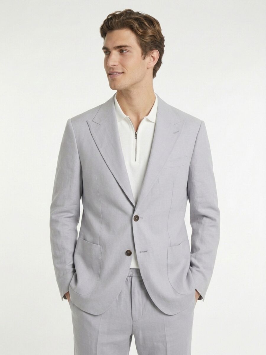 Gri Modern Fit Keten Karışımlı Takım Elbise - 1