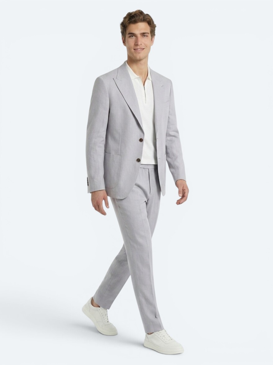 Gri Modern Fit Keten Karışımlı Takım Elbise - KİP