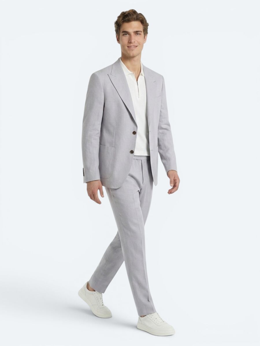 Gri Modern Fit Keten Karışımlı Takım Elbise - 2