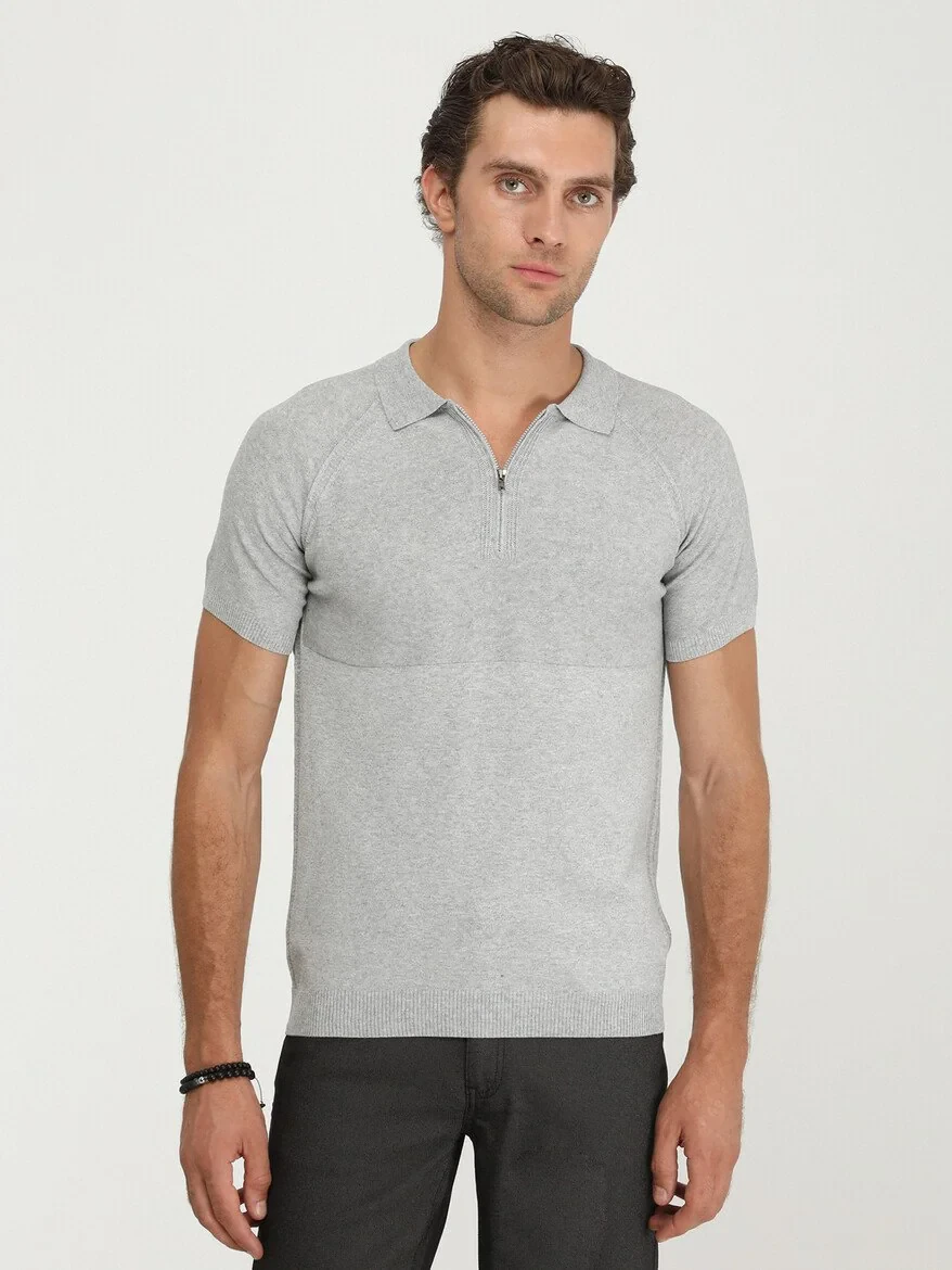 Gri Polo Yaka Jakarlı Triko - 1
