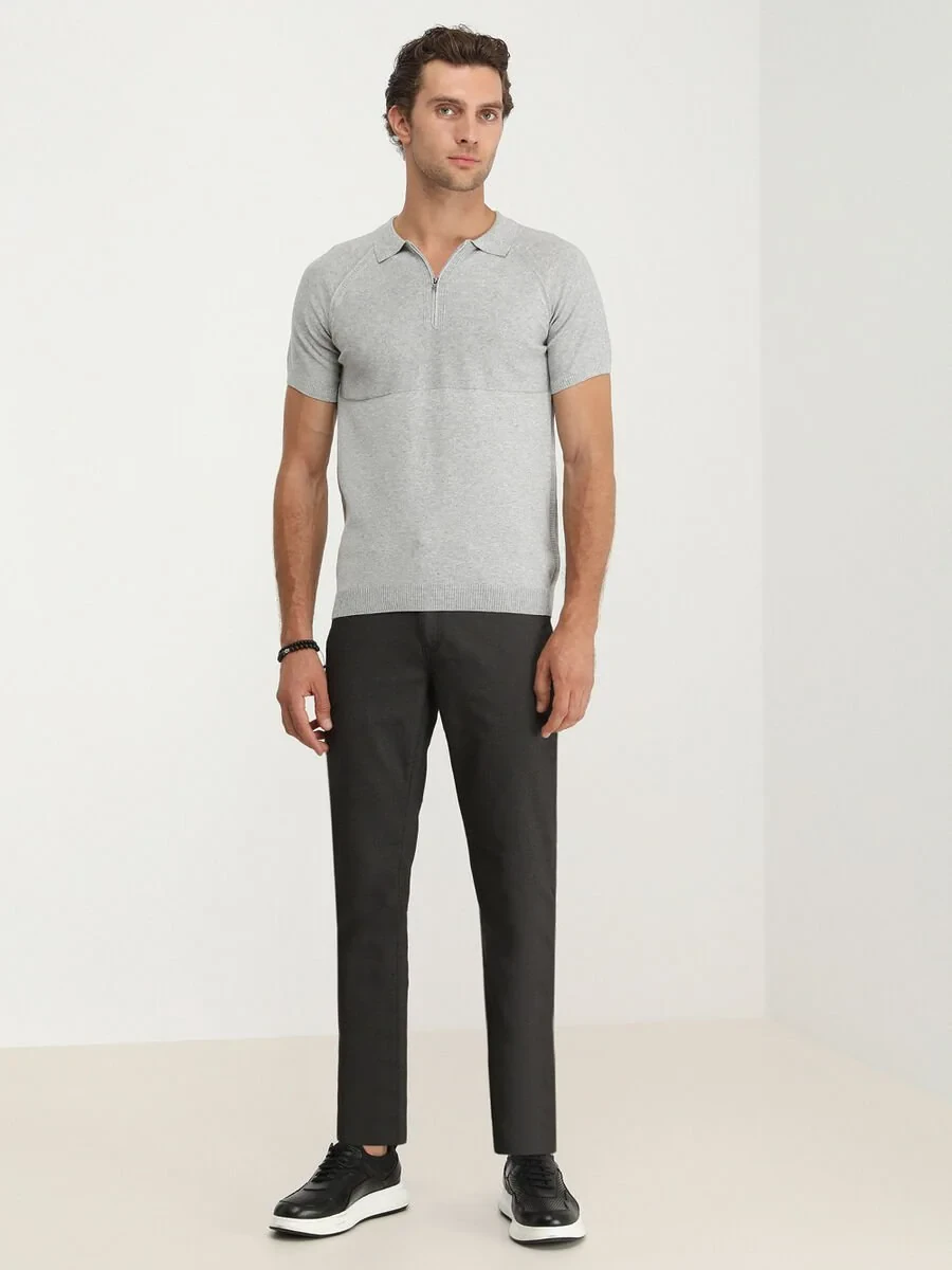 Gri Polo Yaka Jakarlı Triko - 2