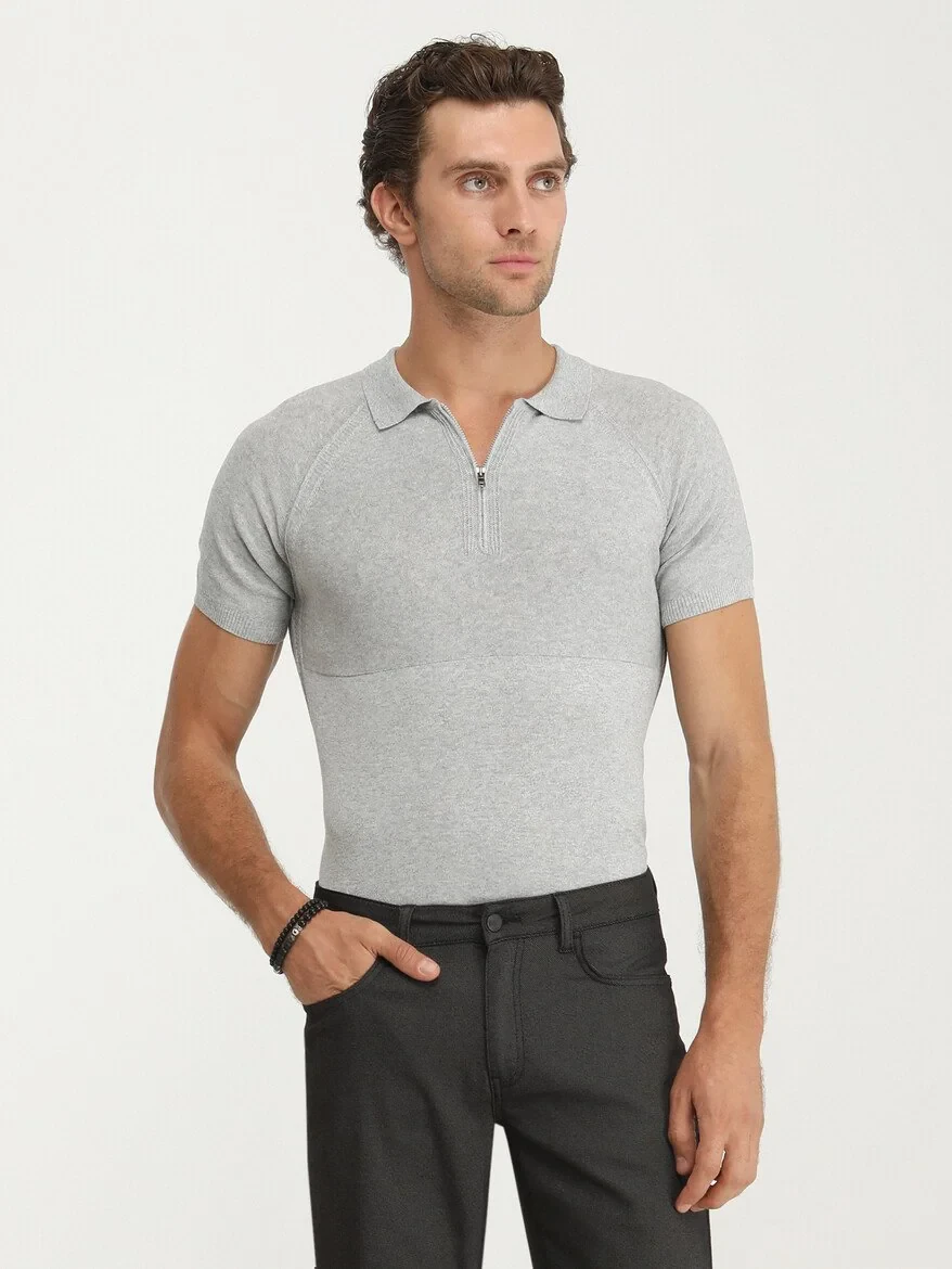 Gri Polo Yaka Jakarlı Triko - 3