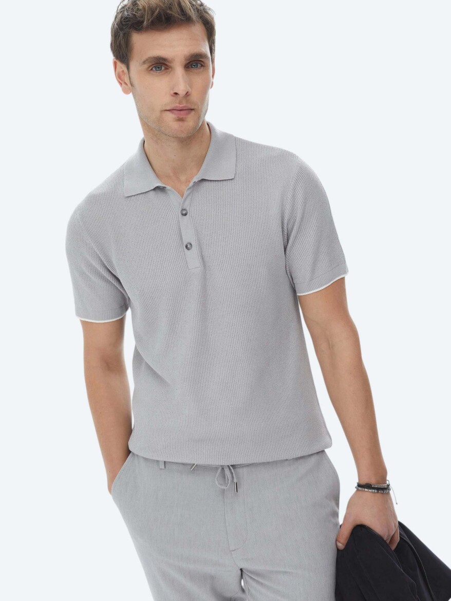Gri Polo Yaka Jakarlı Triko - 2
