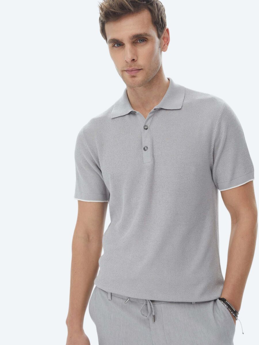 Gri Polo Yaka Jakarlı Triko - 5
