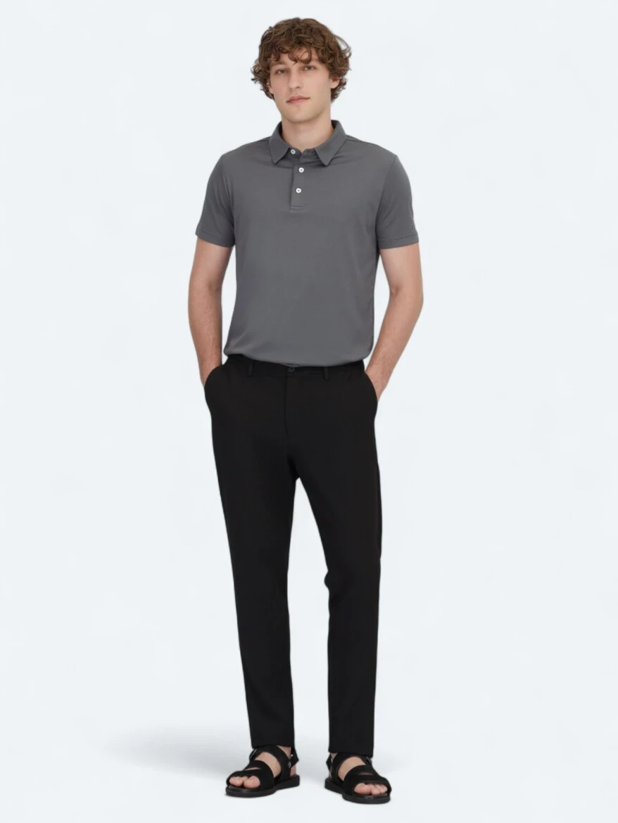 Gri Polo Yaka Pamuk Karışımlı T-Shirt - 2
