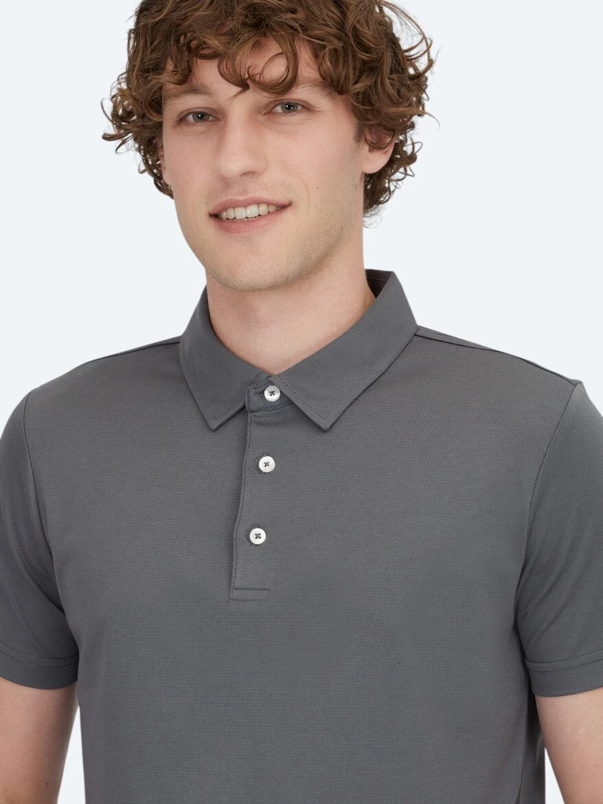 Gri Polo Yaka Pamuk Karışımlı T-Shirt - 3