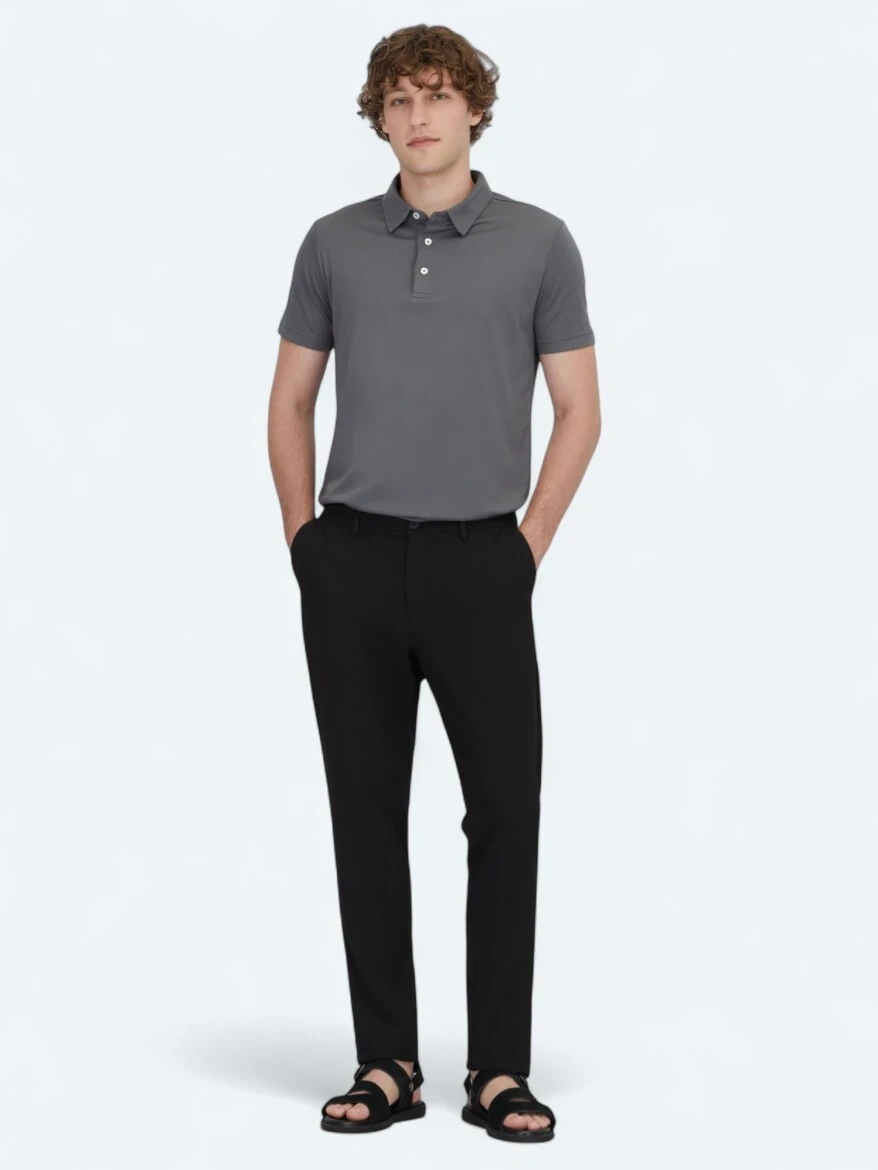 Gri Polo Yaka Pamuk Karışımlı T-Shirt - 2