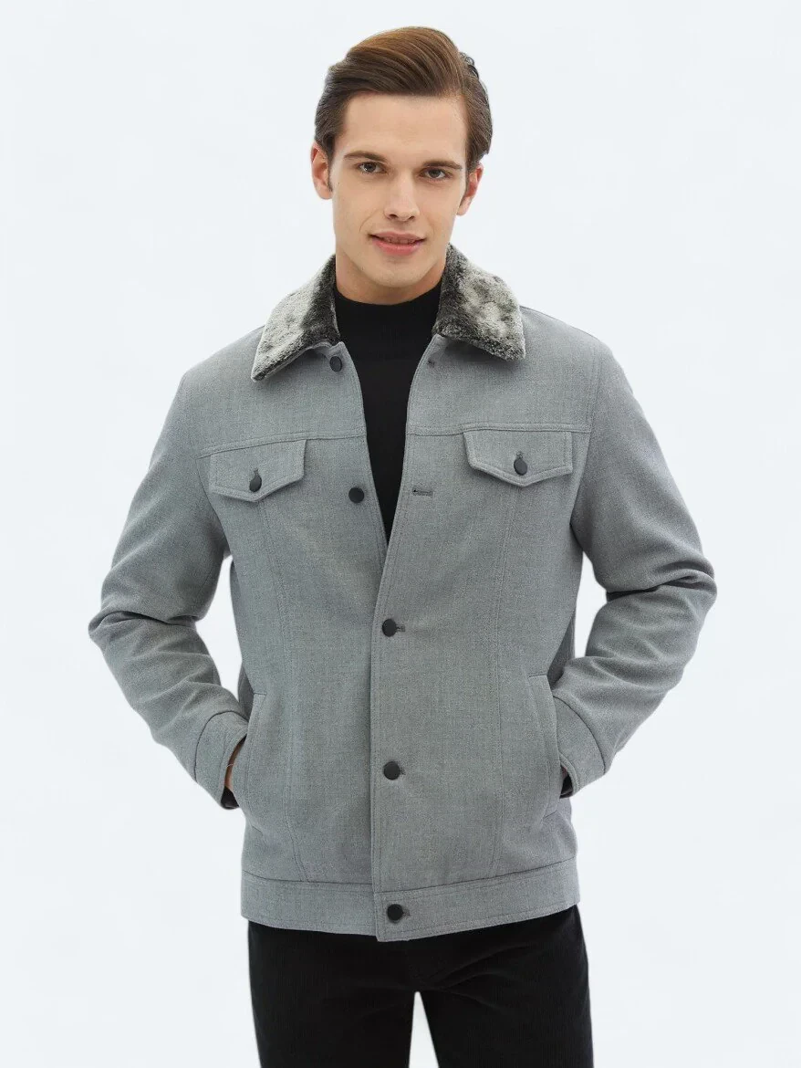 Gri Regular Fit Casual Dokuma Mont - 1