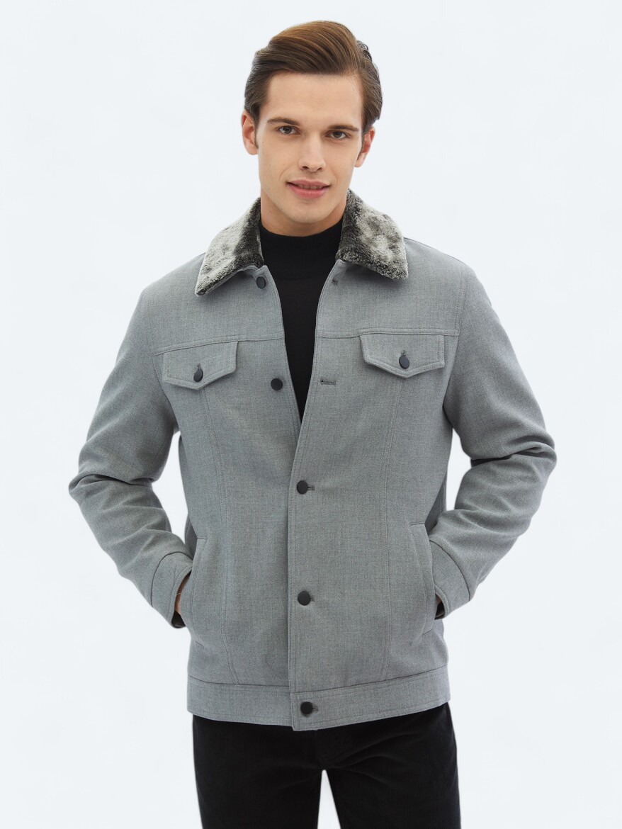Gri Regular Fit Casual Dokuma Mont - 1
