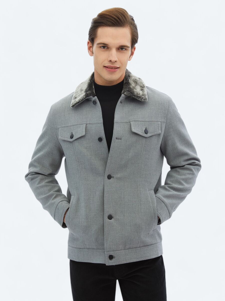 Gri Regular Fit Casual Dokuma Mont - 1