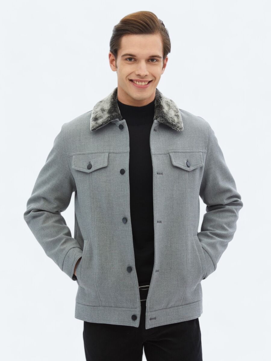 Gri Regular Fit Casual Dokuma Mont - 3