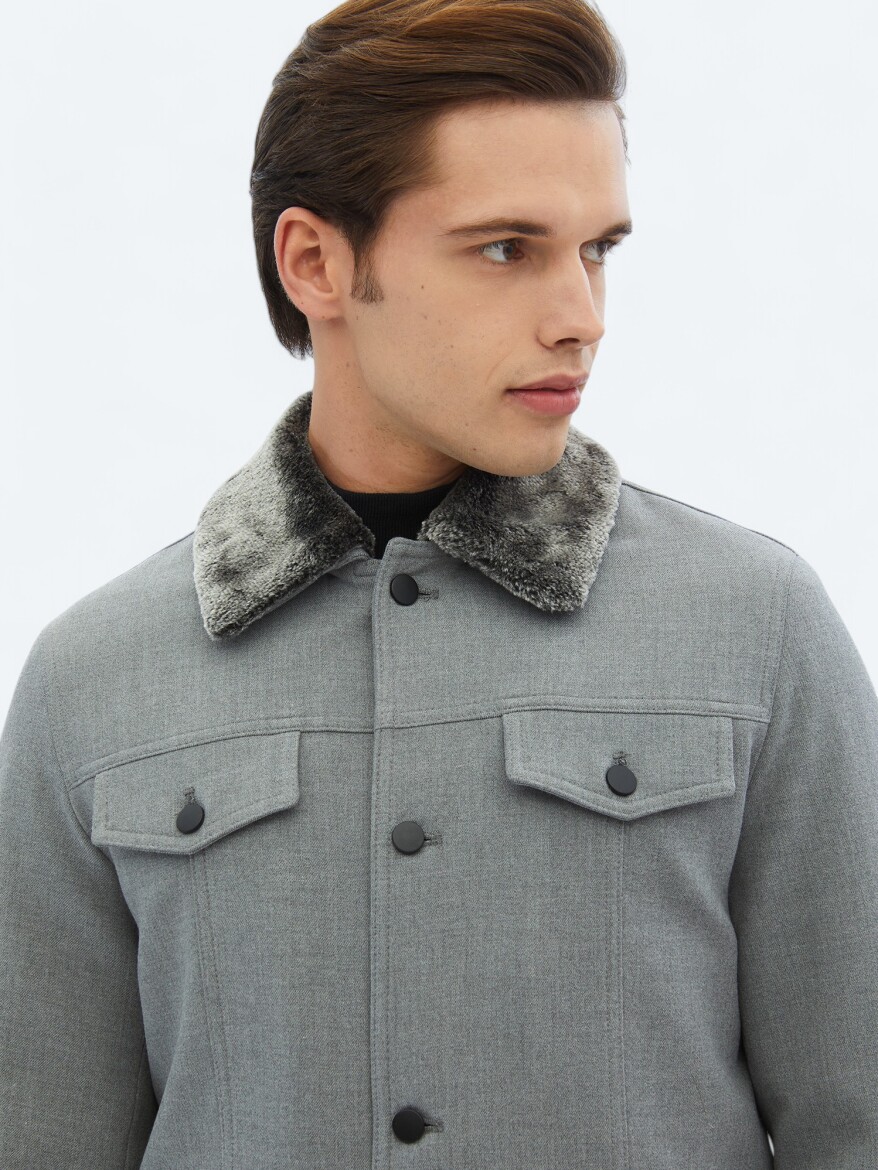 Gri Regular Fit Casual Dokuma Mont - 4