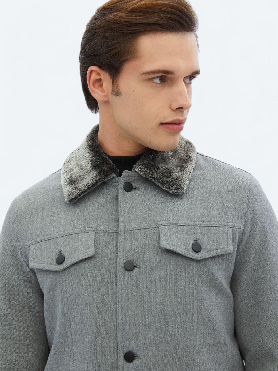 Gri Regular Fit Casual Dokuma Mont - 4