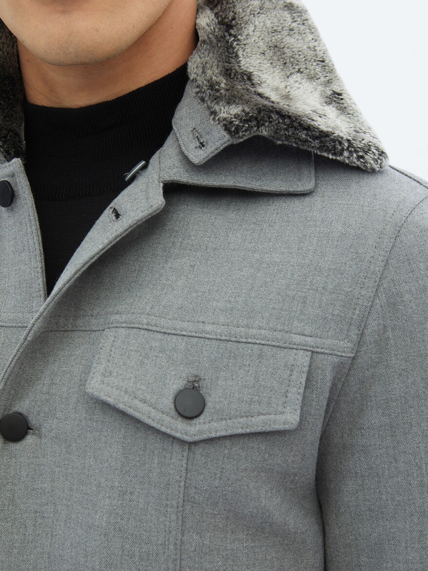Gri Regular Fit Casual Dokuma Mont - 7
