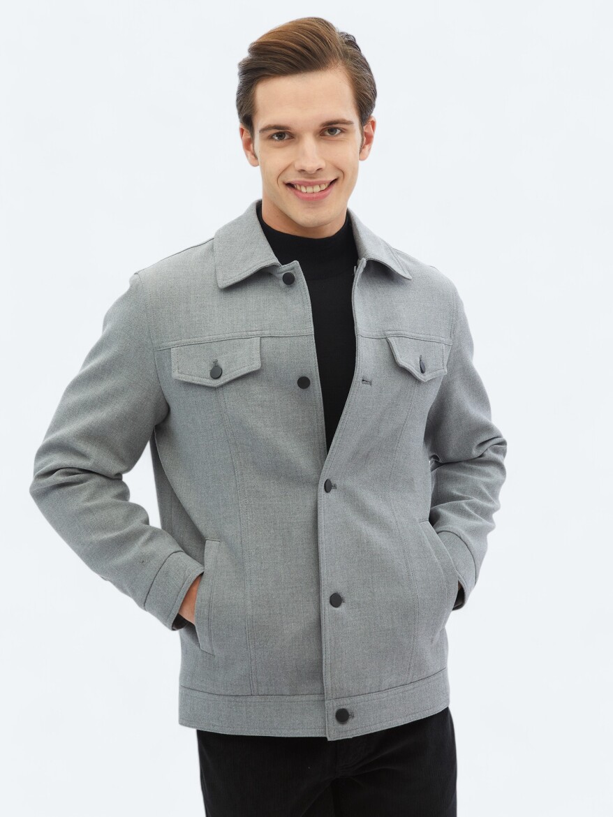 Gri Regular Fit Casual Dokuma Mont - 8