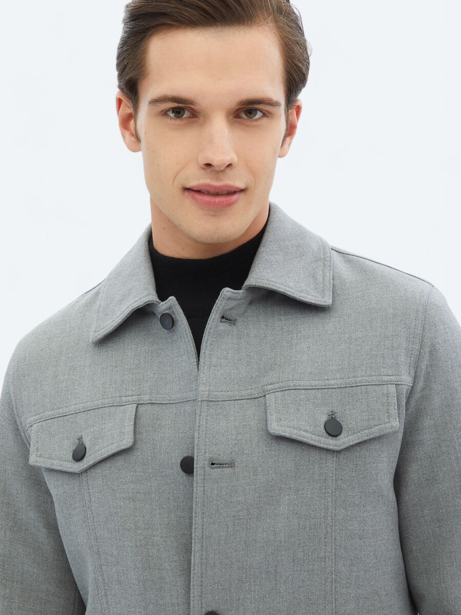 Gri Regular Fit Casual Dokuma Mont - 9