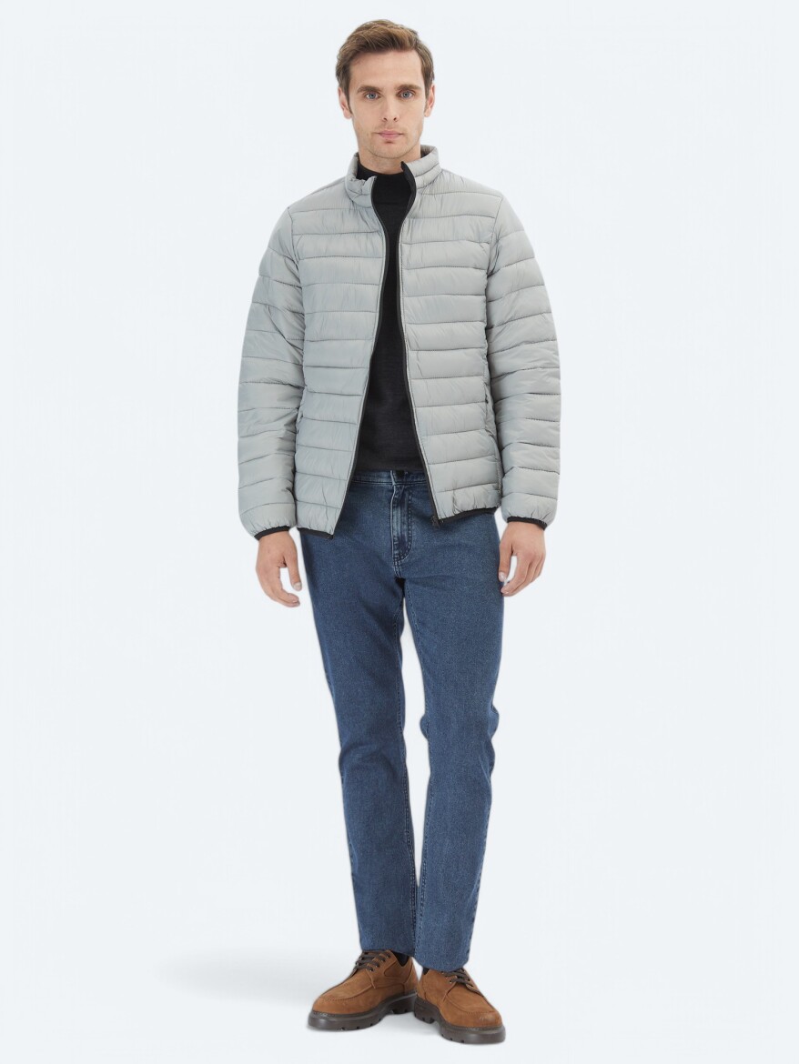 Gri Regular Fit Casual Dokuma Mont - 2