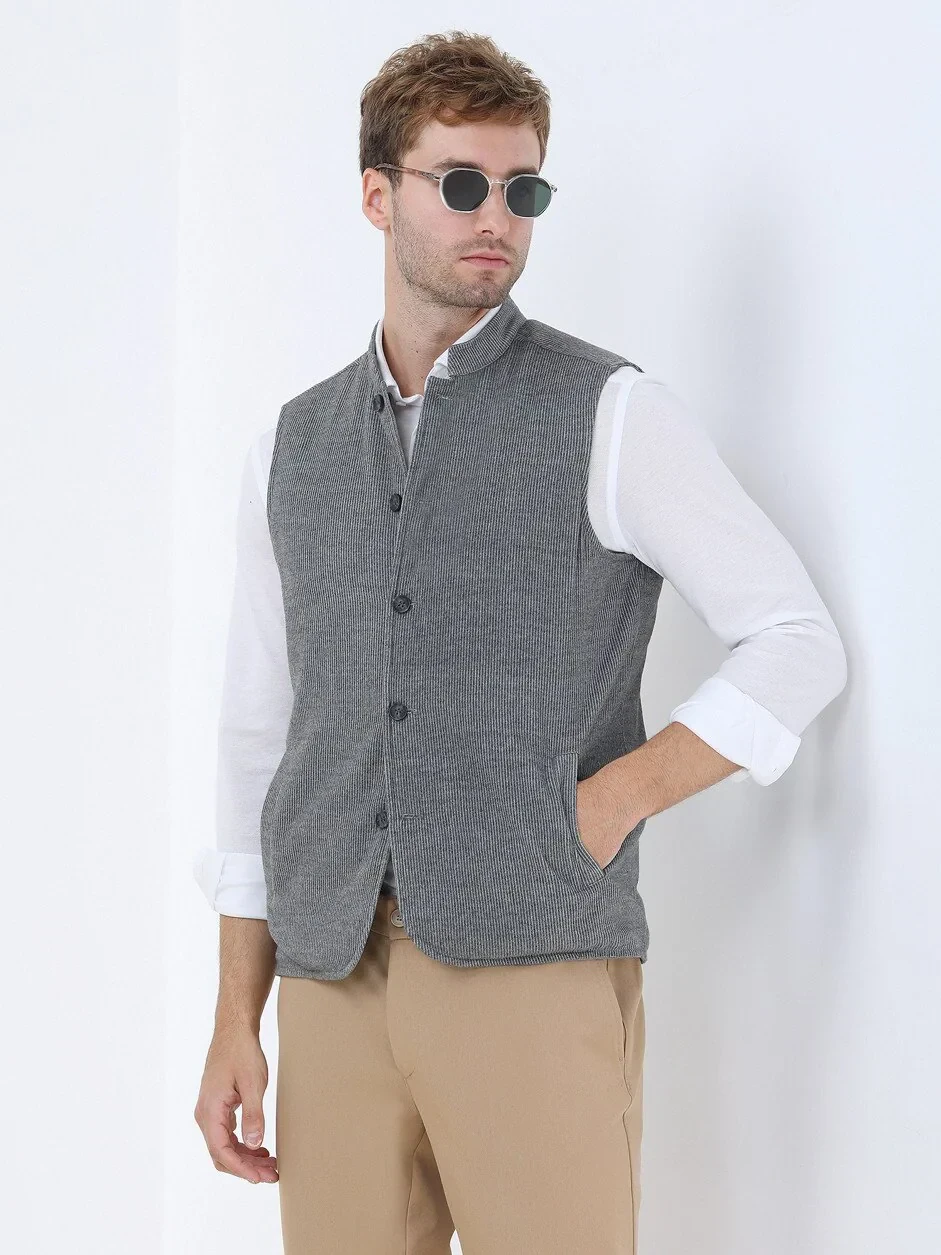 Gri Regular Fit Dik Yaka Casual Dokuma Çift Taraflı Spor Yelek - 1