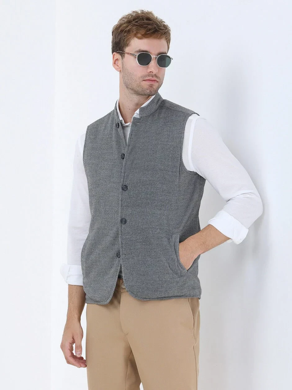 Gri Regular Fit Dik Yaka Casual Dokuma Çift Taraflı Spor Yelek - 1