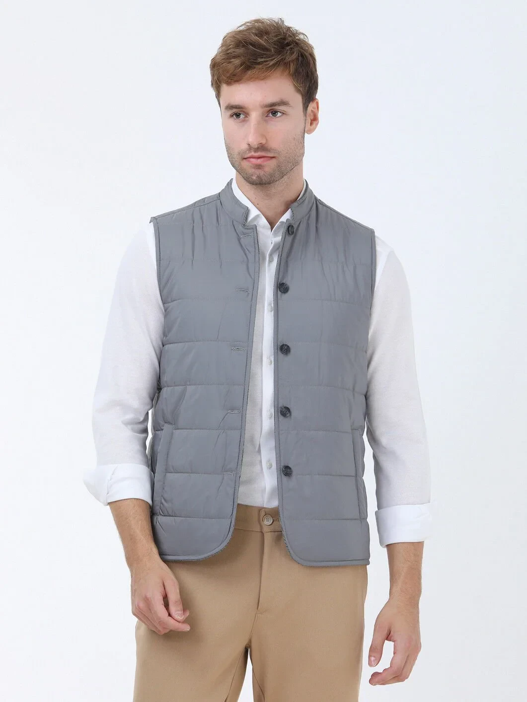 Gri Regular Fit Dik Yaka Casual Dokuma Çift Taraflı Spor Yelek - 2