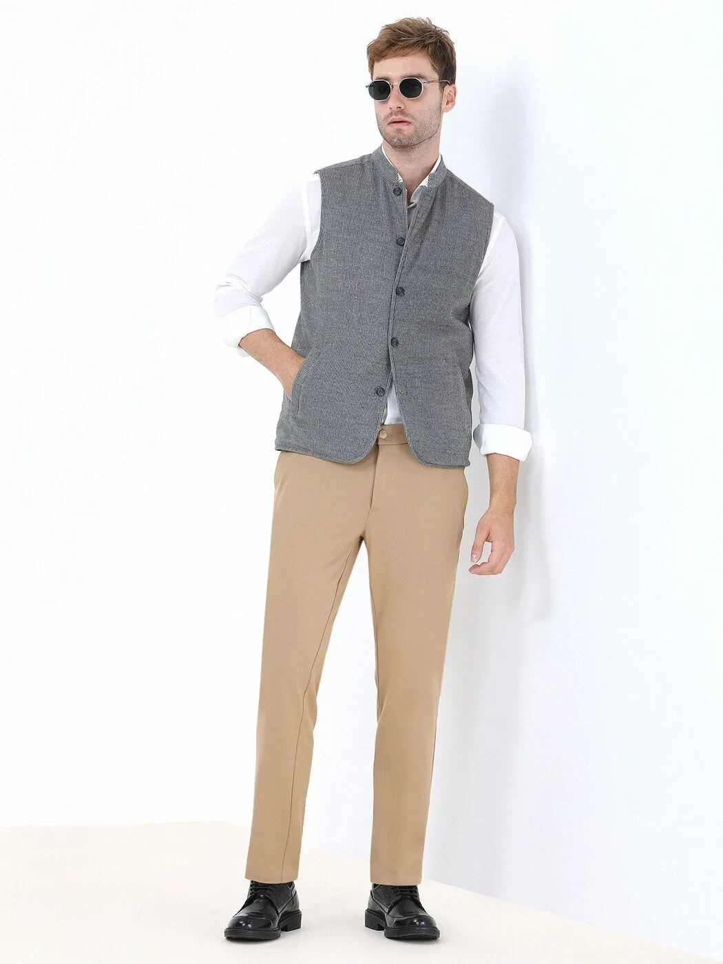 Gri Regular Fit Dik Yaka Casual Dokuma Çift Taraflı Spor Yelek - 3