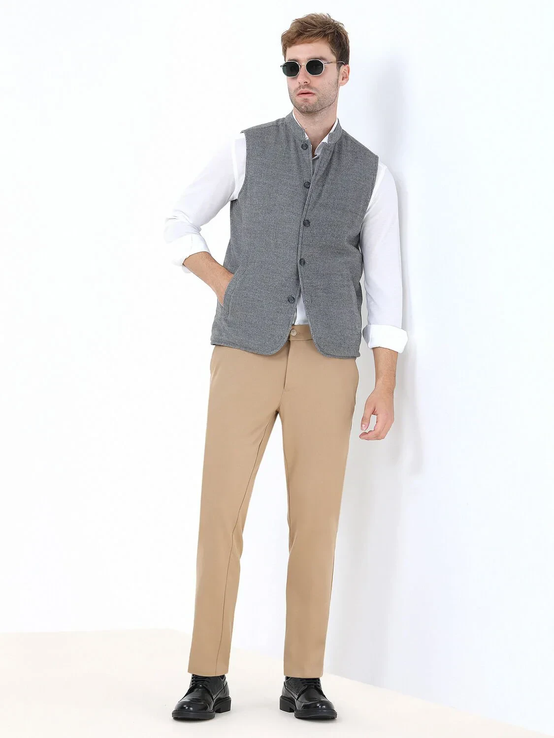Gri Regular Fit Dik Yaka Casual Dokuma Çift Taraflı Spor Yelek - 3