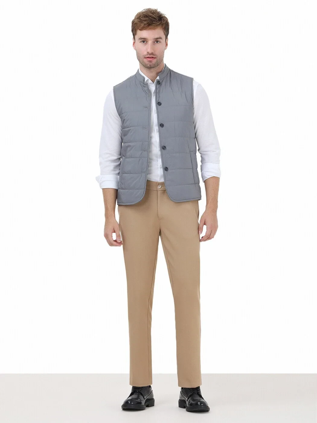 Gri Regular Fit Dik Yaka Casual Dokuma Çift Taraflı Spor Yelek - 4