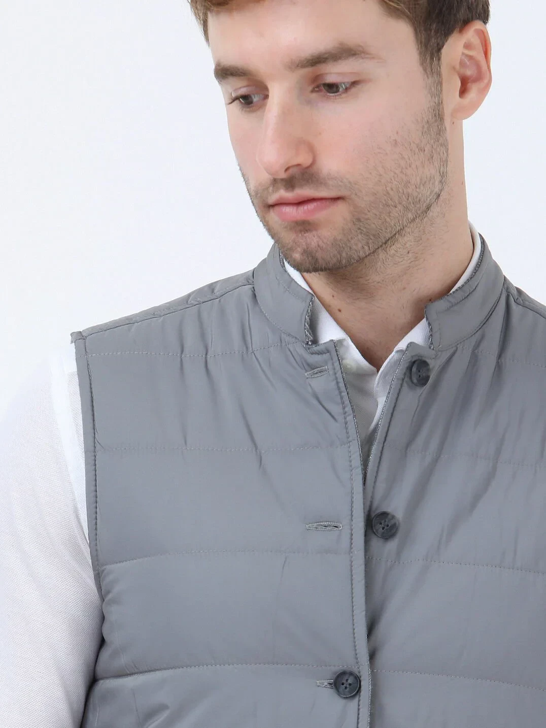 Gri Regular Fit Dik Yaka Casual Dokuma Çift Taraflı Spor Yelek - 6