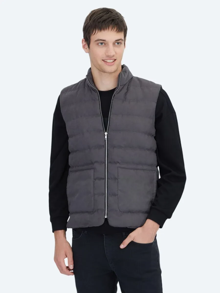Gri Regular Fit Dik Yaka Casual Dokuma Spor Yelek - 1