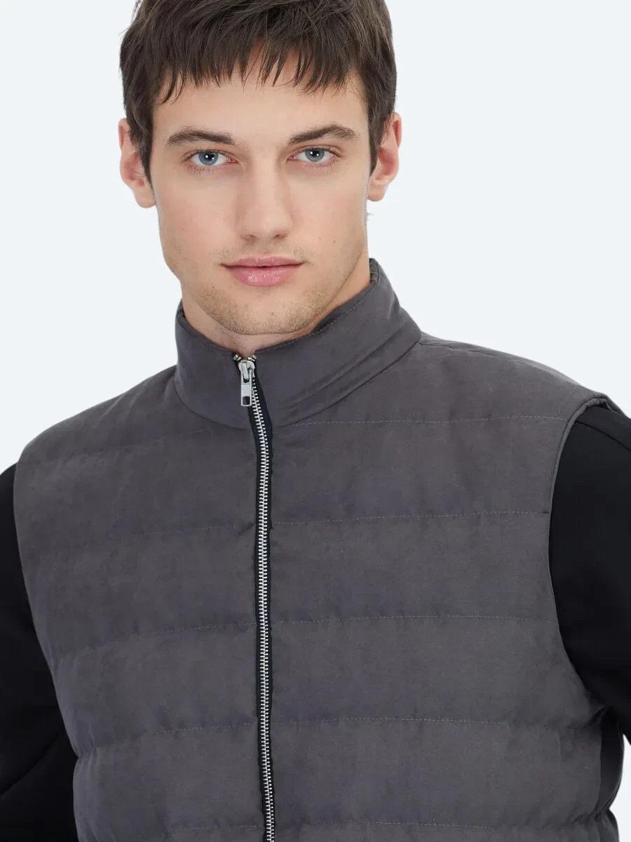 Gri Regular Fit Dik Yaka Casual Dokuma Spor Yelek - 4