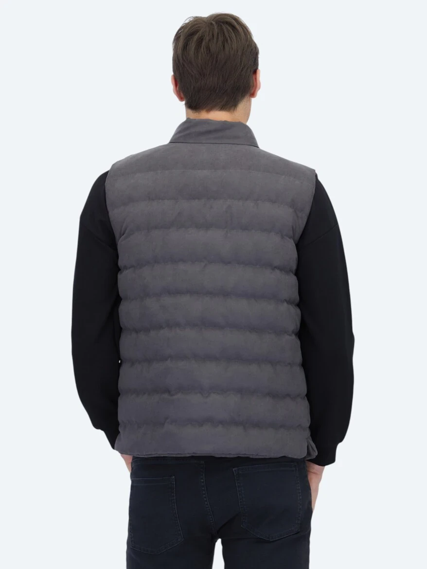 Gri Regular Fit Dik Yaka Casual Dokuma Spor Yelek - 5