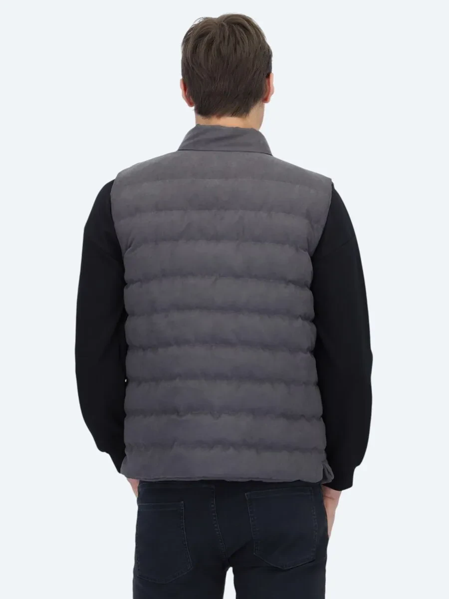 Gri Regular Fit Dik Yaka Casual Dokuma Spor Yelek - 5