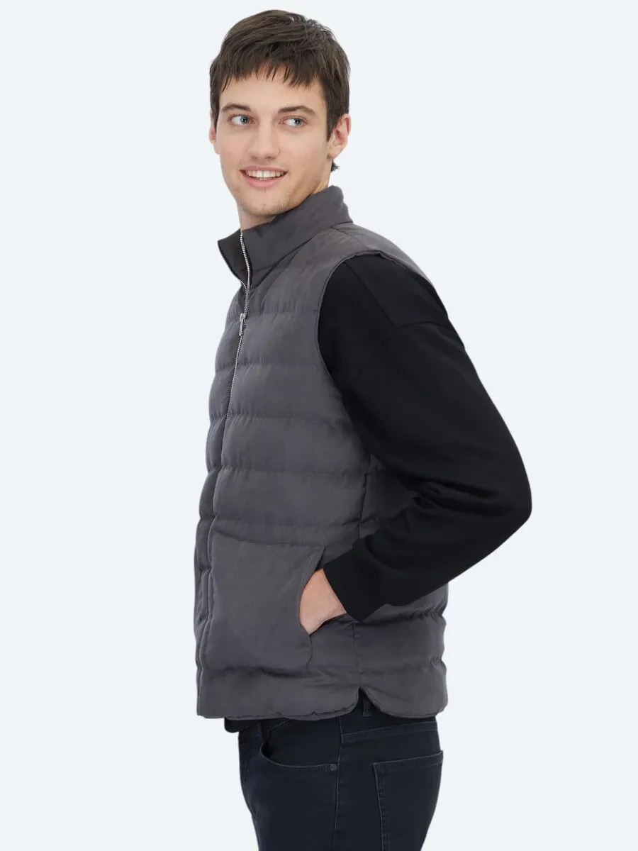 Gri Regular Fit Dik Yaka Casual Dokuma Spor Yelek - 3