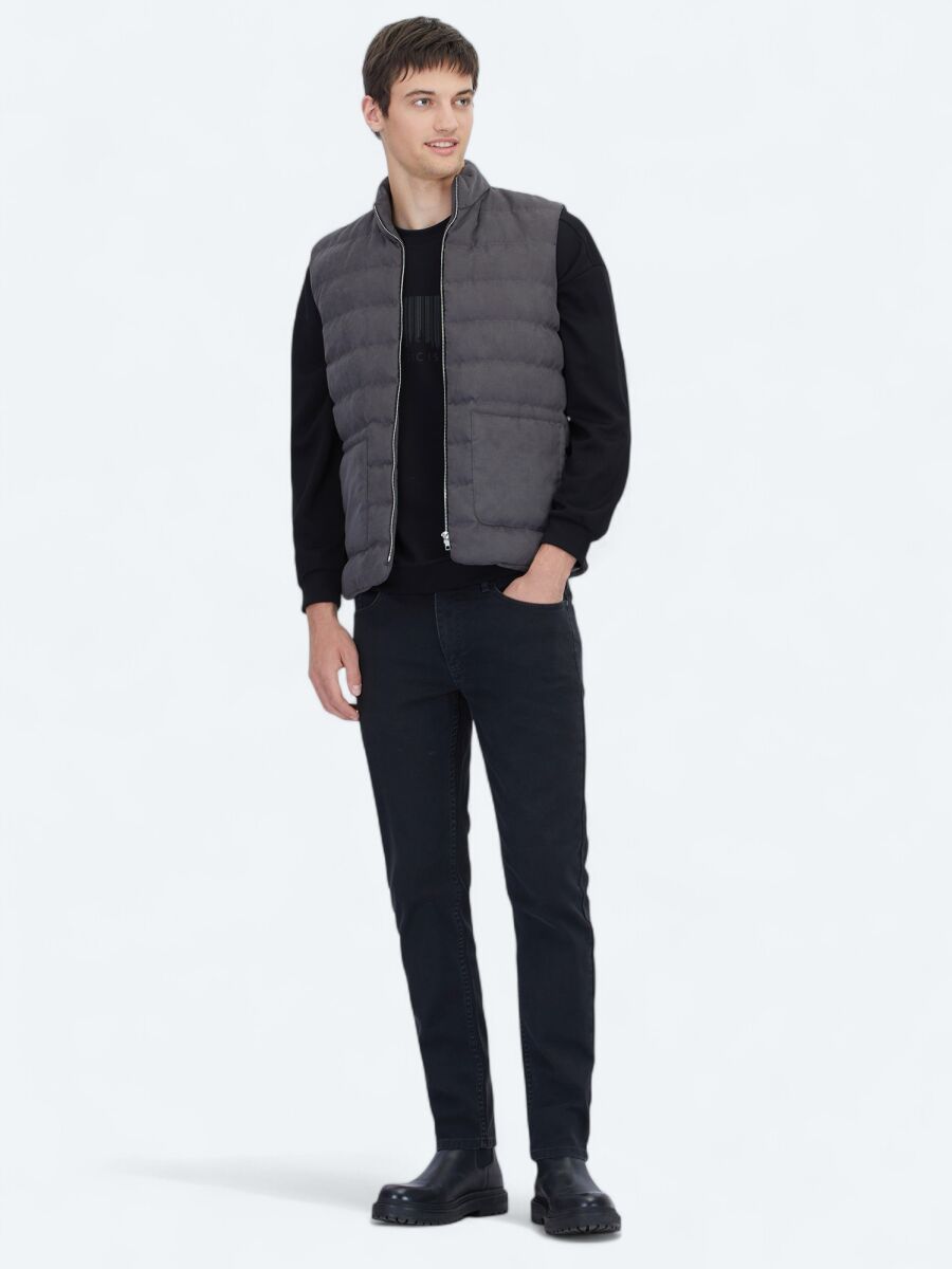 Gri Regular Fit Dik Yaka Casual Dokuma Spor Yelek - 2