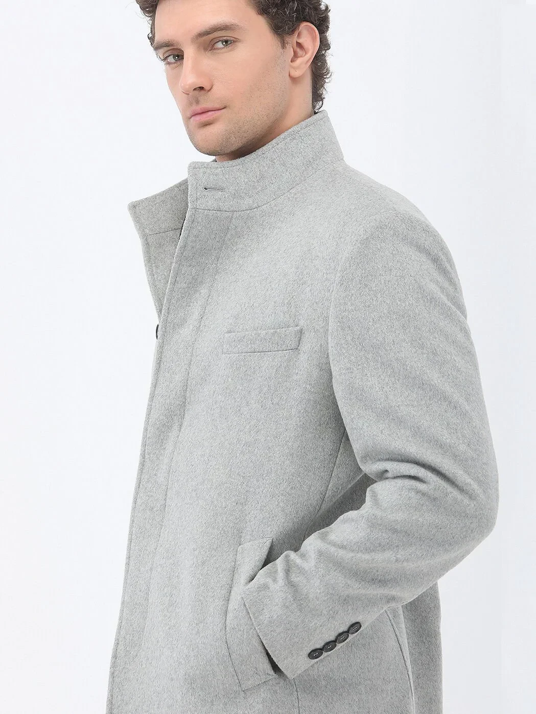 Gri Regular Fit Dik Yaka Klasik Dokuma Palto - 4