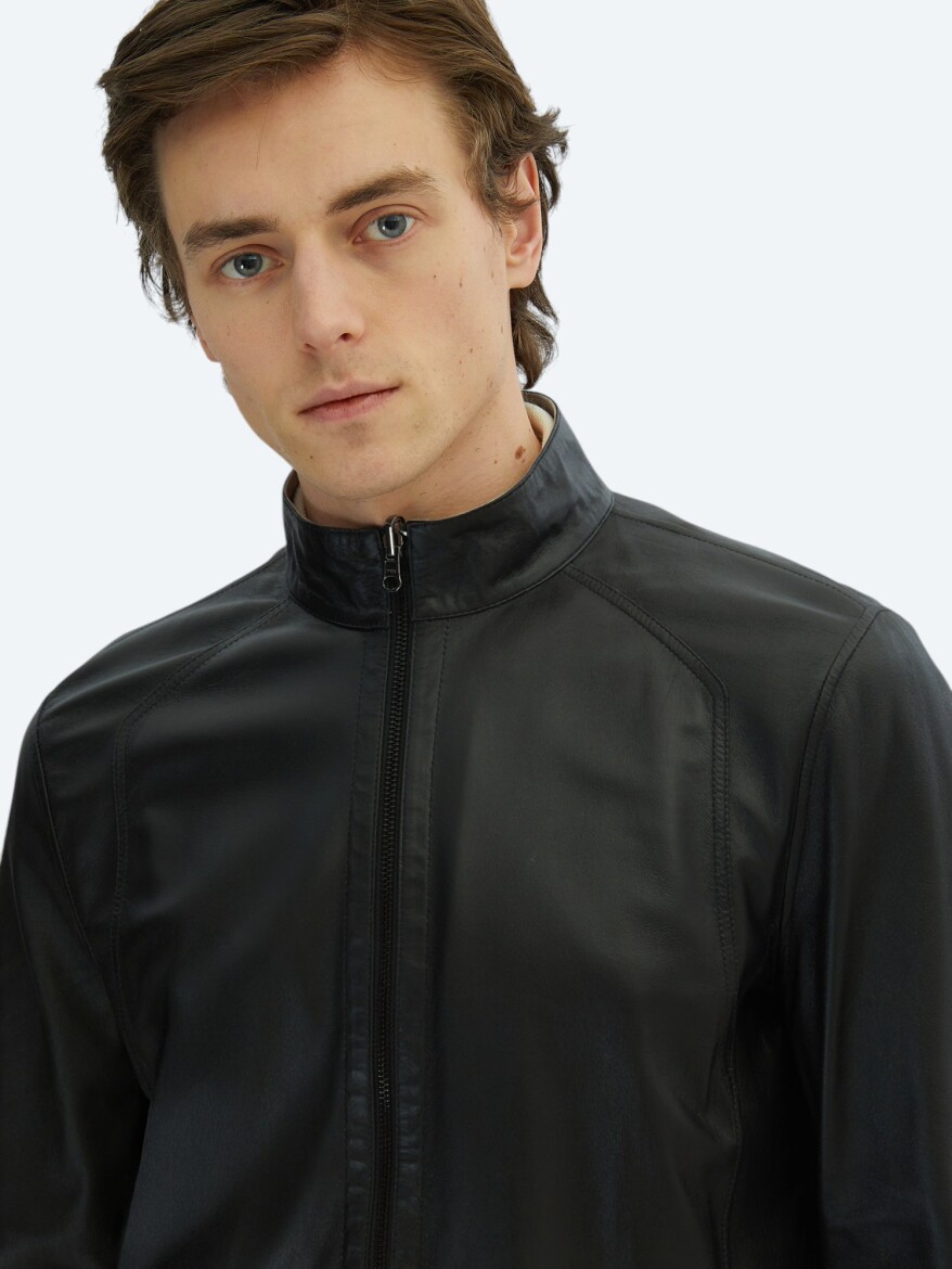 Gri Regular Fit Dik Yaka Smart Casual Çift Taraflı Deri Mont - 4