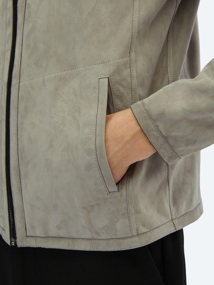 Gri Regular Fit Dik Yaka Smart Casual Çift Taraflı Deri Mont - 7