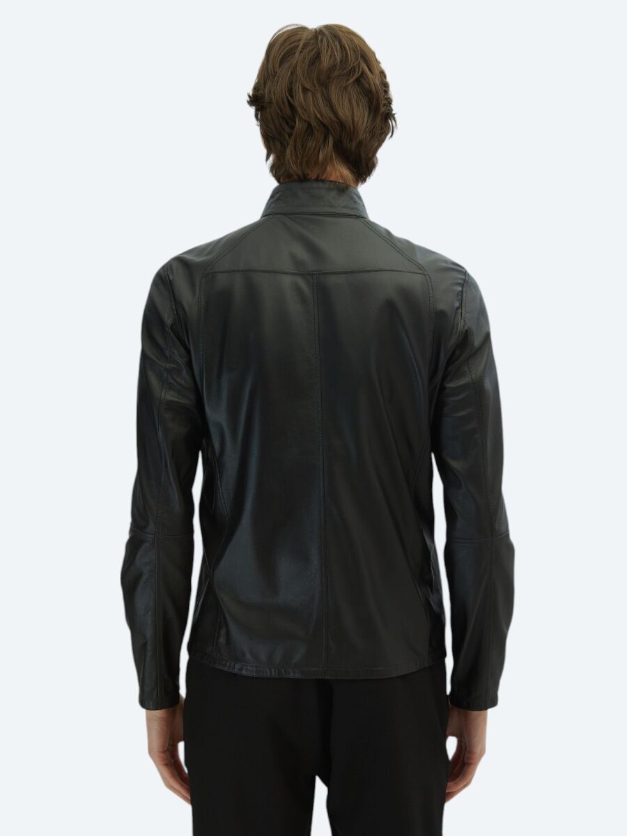 Gri Regular Fit Dik Yaka Smart Casual Çift Taraflı Deri Mont - 8