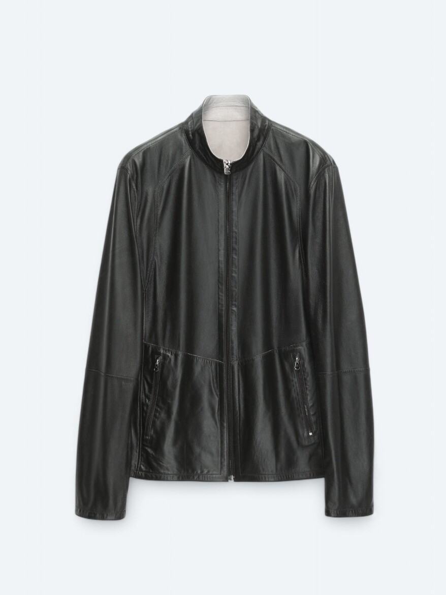 Gri Regular Fit Dik Yaka Smart Casual Çift Taraflı Deri Mont - 11