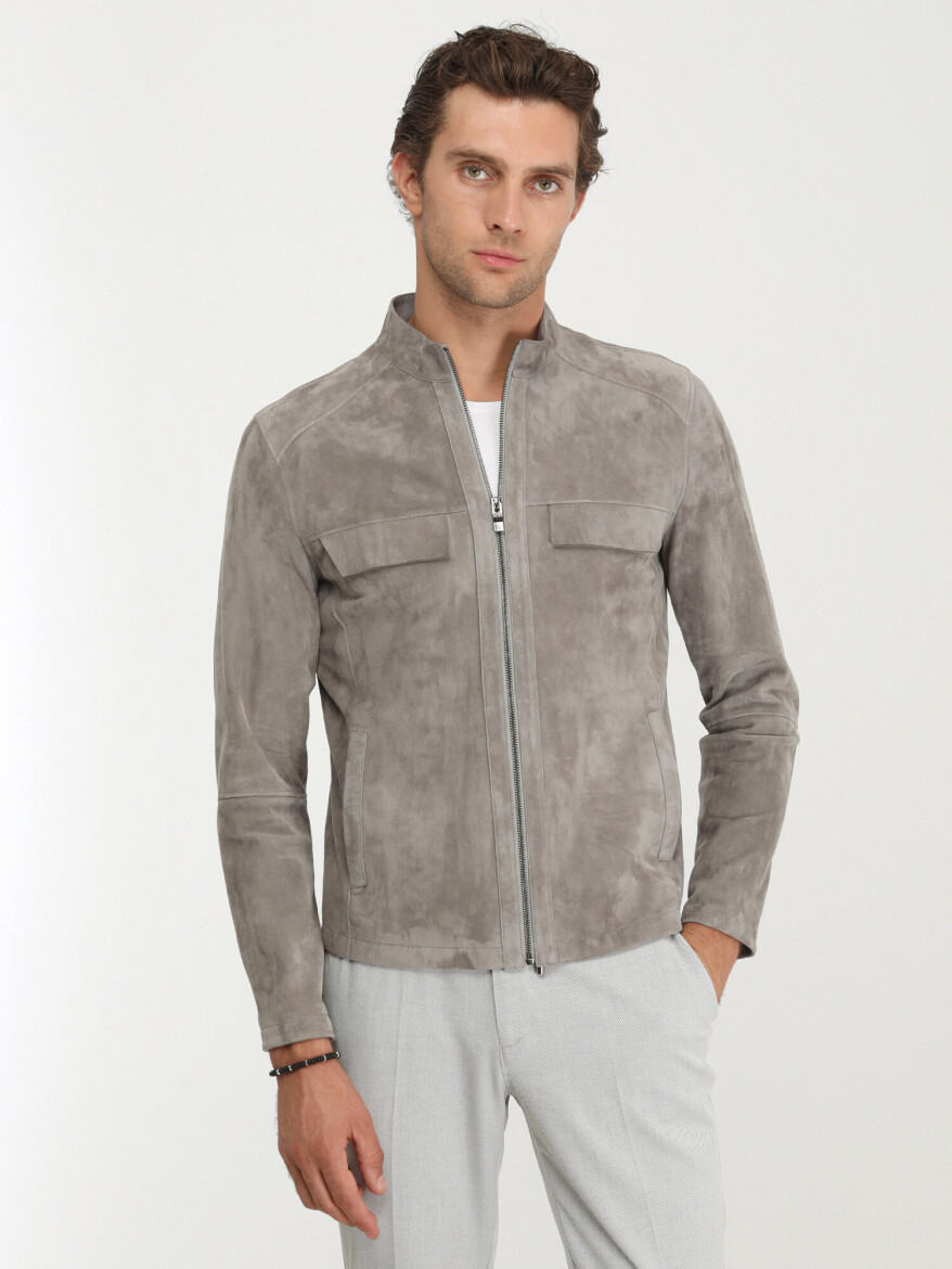 Gri Regular Fit Dik Yaka Smart Casual Deri Deri Mont - 2